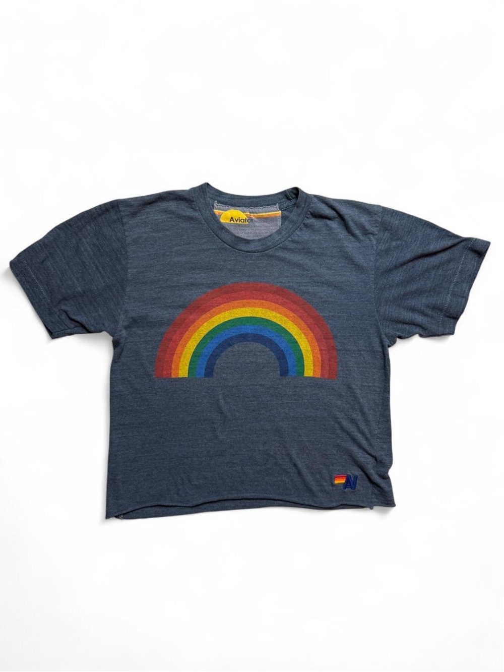 Aviator Nation Grey Cropped Rainbow Tee — Size Small